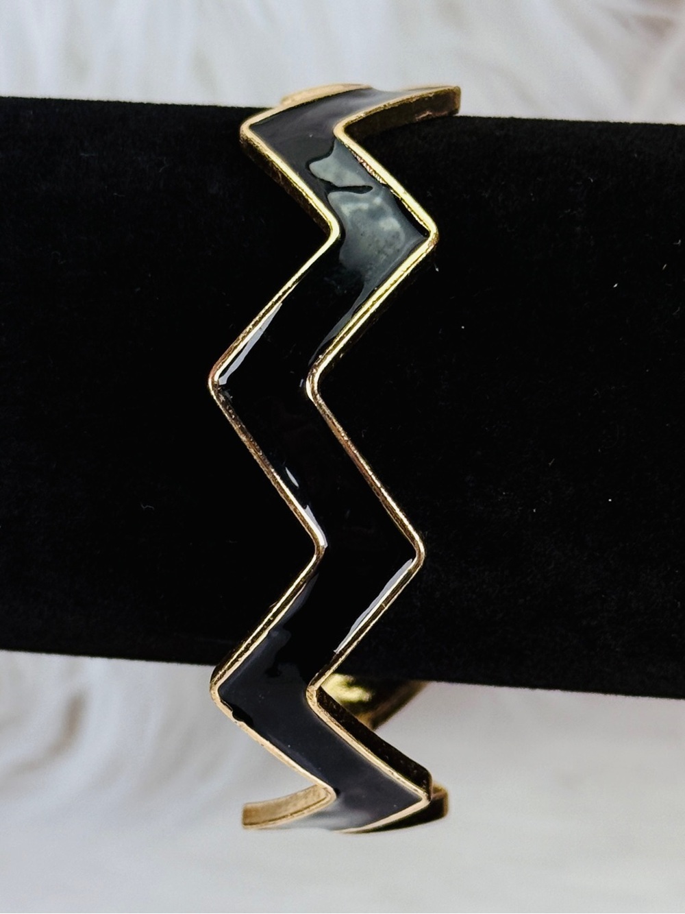 Vintage Goldtone Black Chevron Zigzag Cuff Bracelet